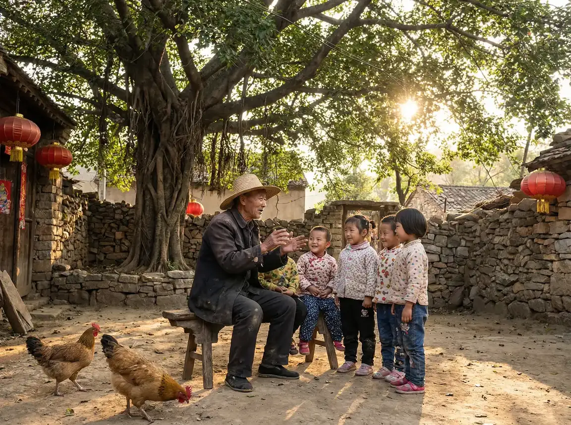 老人在大榕树下给孩子们讲故事 - 电视剧牟氏庄园 乡村记忆